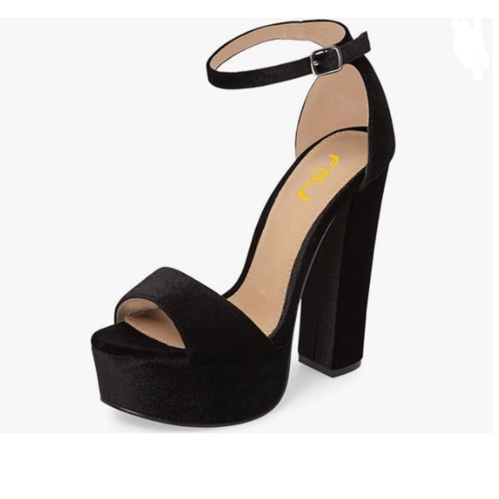 FSJ Black Sexy Ankle Strap Platform Sandal Chunky High Heel Open Toe Velvet Shoe
